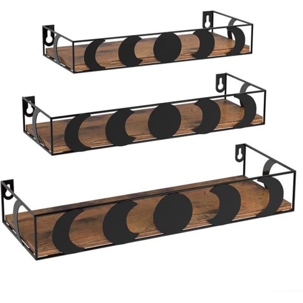 Black and Brown Floating Wall Shelves, Set of 3 Moon Phase Decorative Small